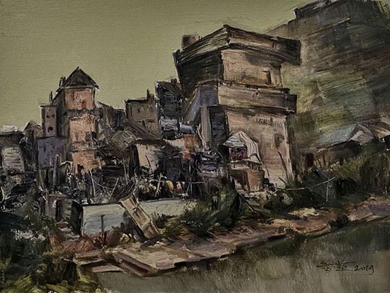 智超作品8《圩边民宅》60X80cm 油画 2019年 在江门台山五十圩写生记